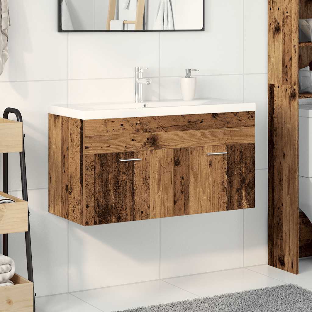 Wastafelkast met ingebouwde wasbak bewerkt hout oud hout is nu te koop bij PeponiXL, paradijselijk wonen!
