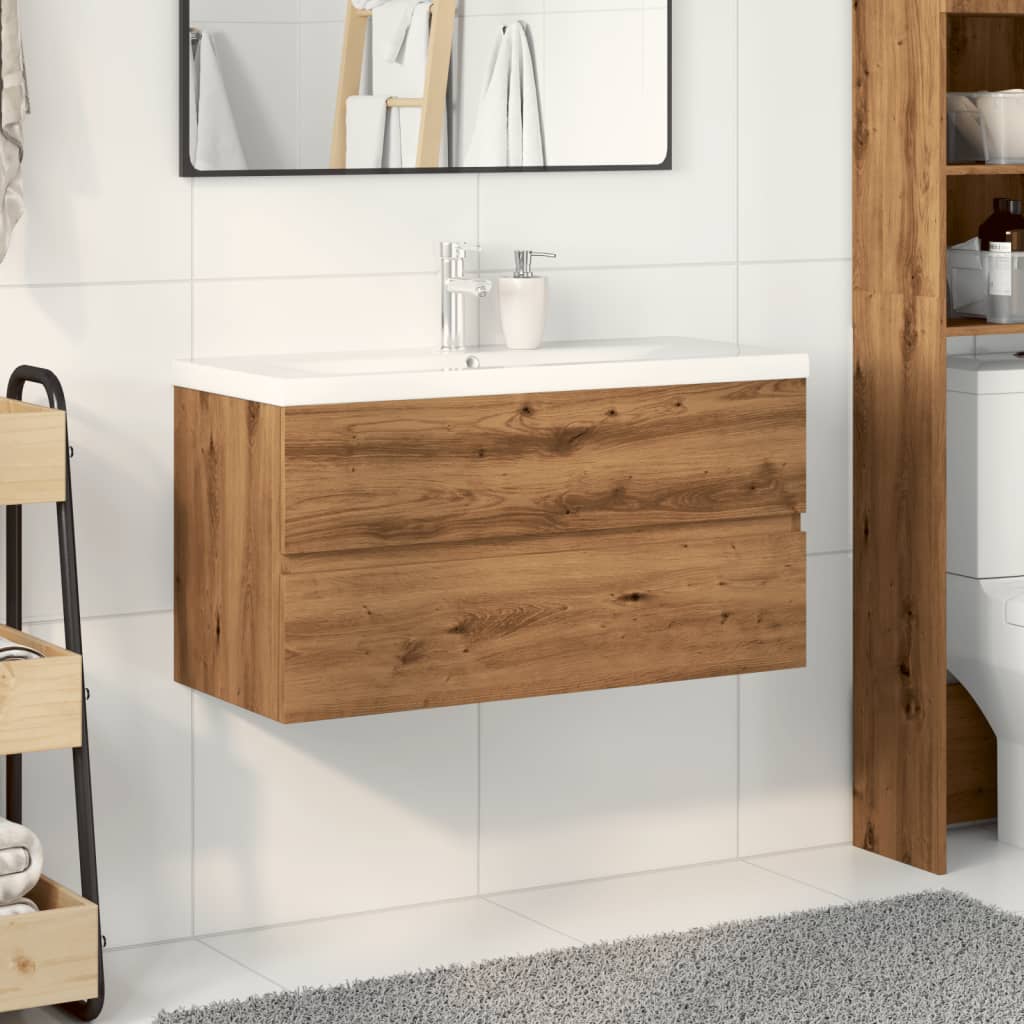 Wastafelkast met ingebouwde wasbak artisanaal eikenkleurig is nu te koop bij PeponiXL, paradijselijk wonen!
