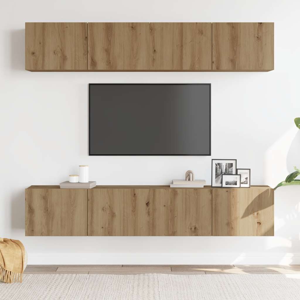 Tv-wandkasten 4 st bewerkt hout artisanaal eikenkleurig is nu te koop bij PeponiXL, paradijselijk wonen!