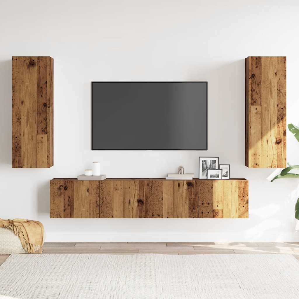 Tv-wandkasten 4 st bewerkt hout oud houtkleurig is nu te koop bij PeponiXL, paradijselijk wonen!