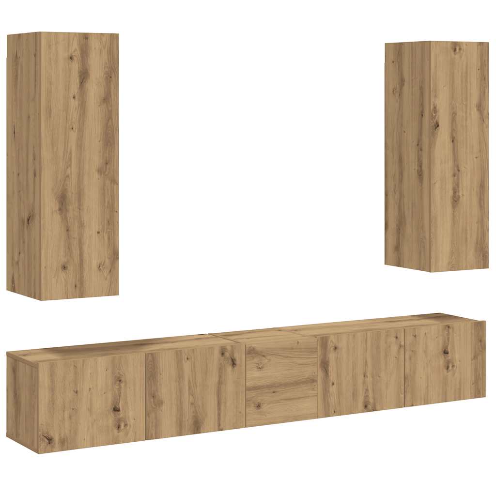 Tv-wandkasten 5 st bewerkt hout artisanaal eikenkleurig is nu te koop bij PeponiXL, paradijselijk wonen!