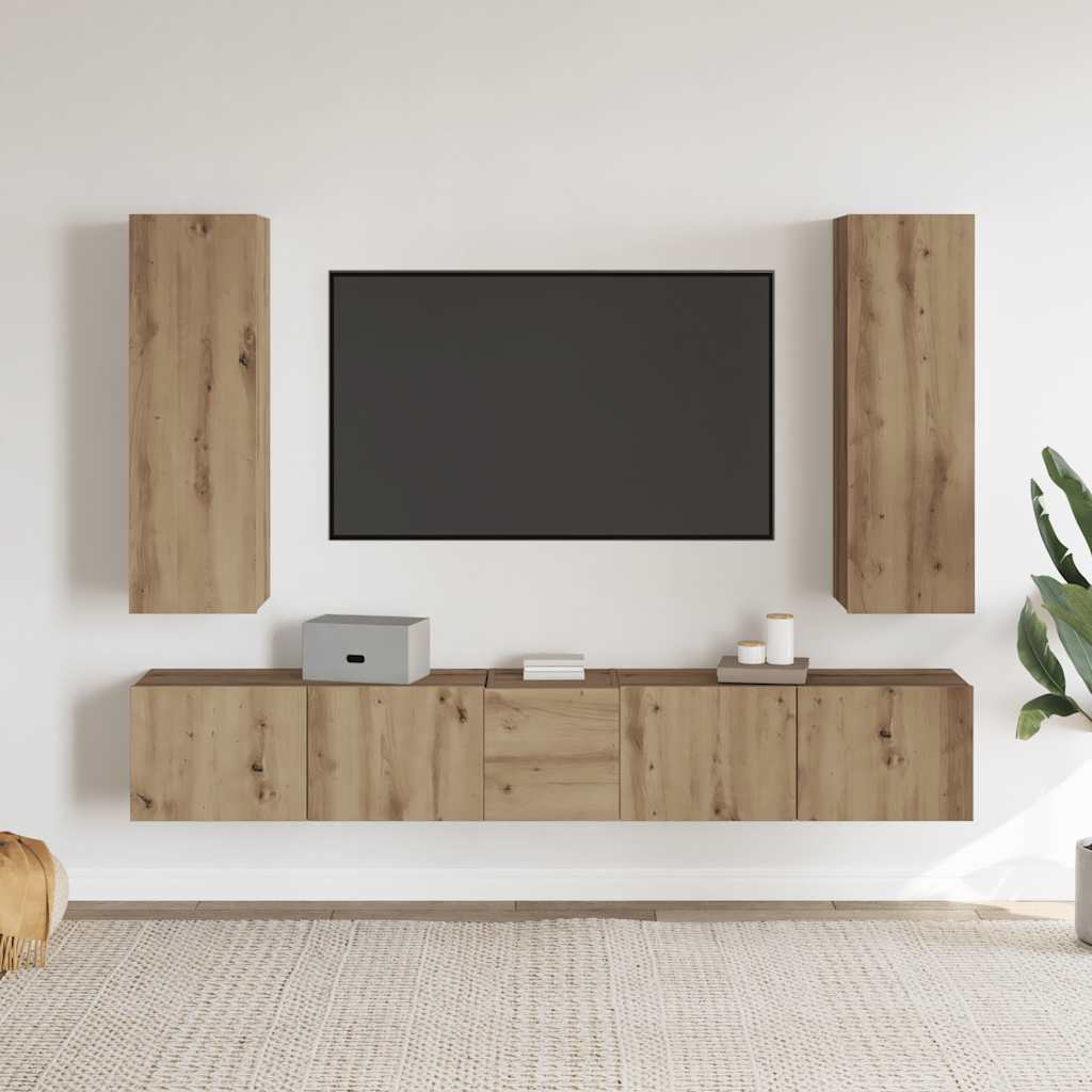 Tv-wandkasten 5 st bewerkt hout artisanaal eikenkleurig is nu te koop bij PeponiXL, paradijselijk wonen!
