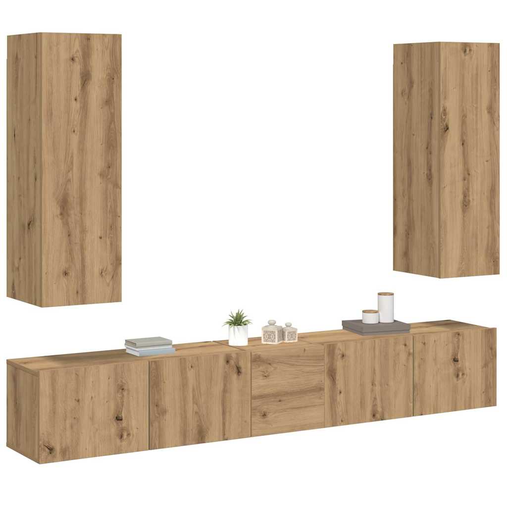 Tv-wandkasten 5 st bewerkt hout artisanaal eikenkleurig is nu te koop bij PeponiXL, paradijselijk wonen!