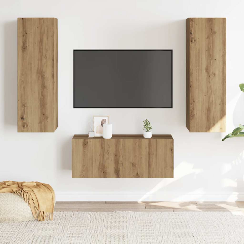 Tv-wandkasten 3 st bewerkt hout artisanaal eikenkleurig is nu te koop bij PeponiXL, paradijselijk wonen!