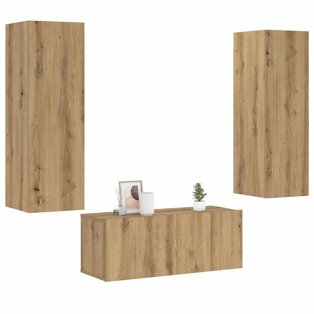 Tv-wandkasten 3 st bewerkt hout artisanaal eikenkleurig is nu te koop bij PeponiXL, paradijselijk wonen!