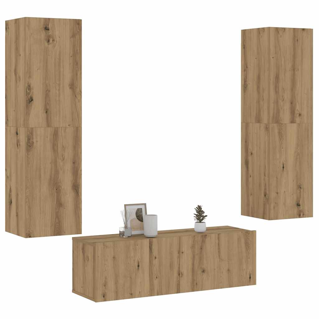 Tv-wandkasten 3 st bewerkt hout artisanaal eikenkleurig is nu te koop bij PeponiXL, paradijselijk wonen!