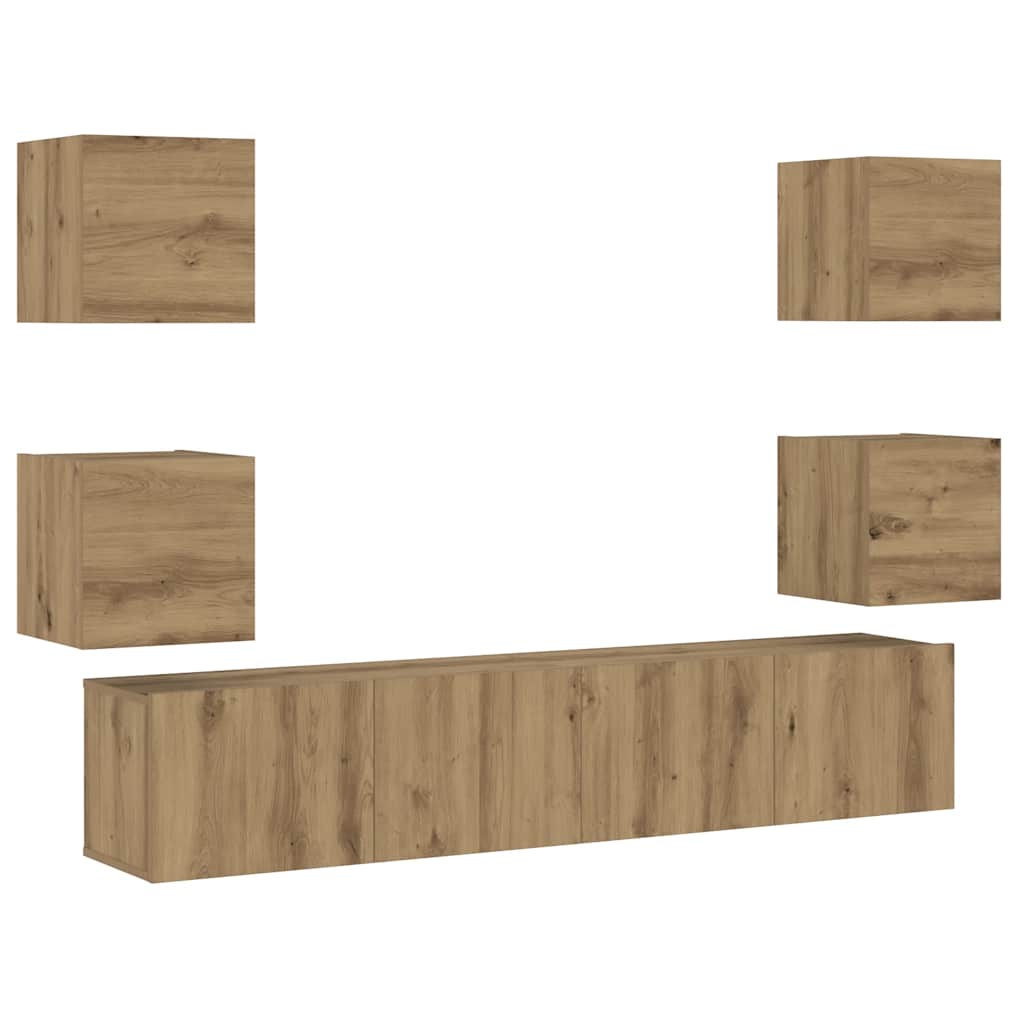 Tv-wandkasten 6 st bewerkt hout artisanaal eikenkleurig is nu te koop bij PeponiXL, paradijselijk wonen!