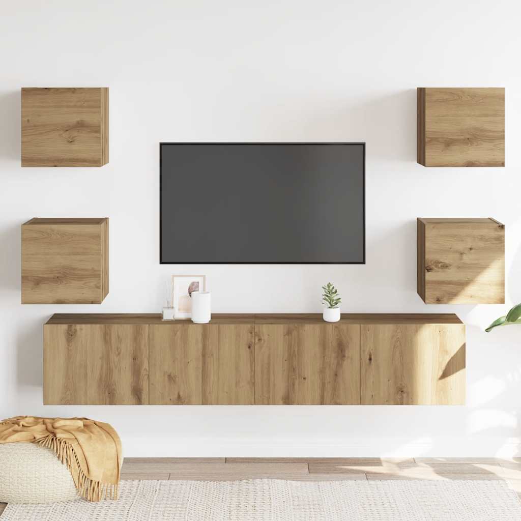 Tv-wandkasten 6 st bewerkt hout artisanaal eikenkleurig is nu te koop bij PeponiXL, paradijselijk wonen!