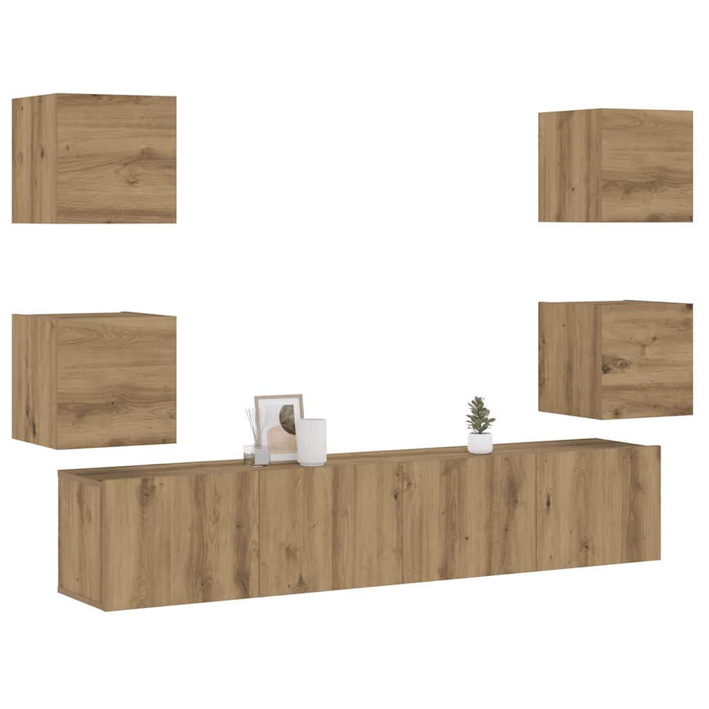 Tv-wandkasten 6 st bewerkt hout artisanaal eikenkleurig is nu te koop bij PeponiXL, paradijselijk wonen!