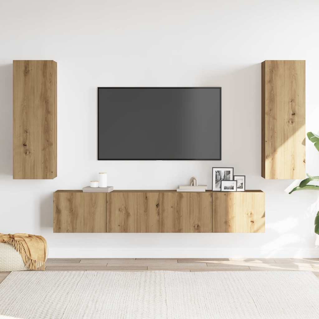 Tv-wandkasten 4 st bewerkt hout artisanaal eikenkleurig is nu te koop bij PeponiXL, paradijselijk wonen!