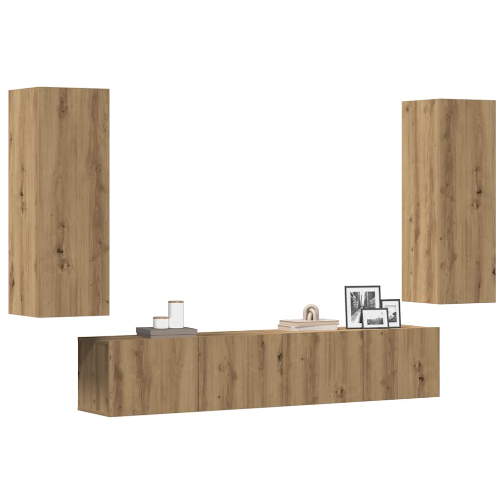 Tv-wandkasten 4 st bewerkt hout artisanaal eikenkleurig is nu te koop bij PeponiXL, paradijselijk wonen!