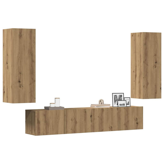 Tv-wandkasten 4 st bewerkt hout artisanaal eikenkleurig is nu te koop bij PeponiXL, paradijselijk wonen!
