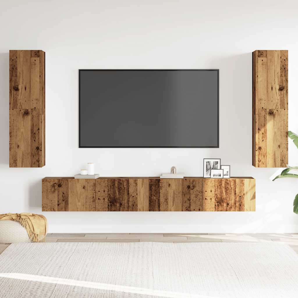 Tv-wandkasten 4 st bewerkt hout oud houtkleurig is nu te koop bij PeponiXL, paradijselijk wonen!
