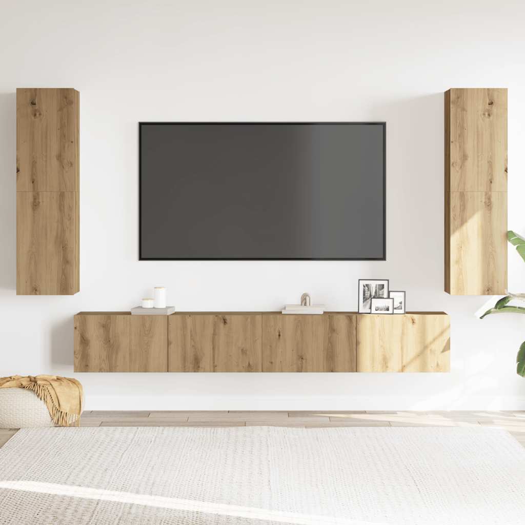 Tv-wandkasten 4 st bewerkt hout artisanaal eikenkleurig is nu te koop bij PeponiXL, paradijselijk wonen!