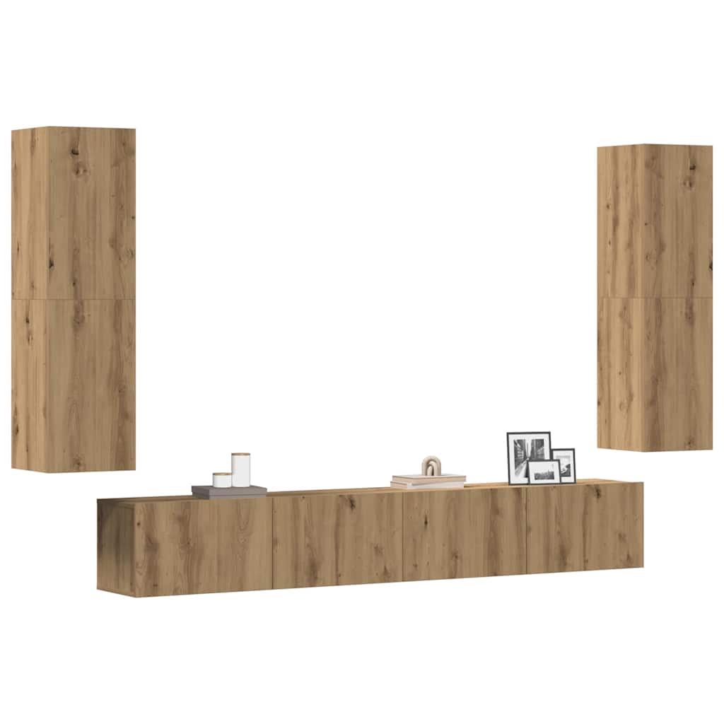 Tv-wandkasten 4 st bewerkt hout artisanaal eikenkleurig is nu te koop bij PeponiXL, paradijselijk wonen!