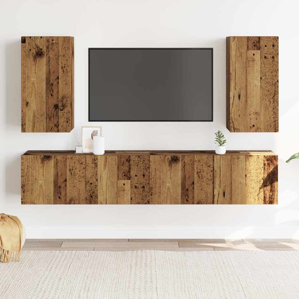 Tv-wandkasten 4 st bewerkt hout oud houtkleurig is nu te koop bij PeponiXL, paradijselijk wonen!