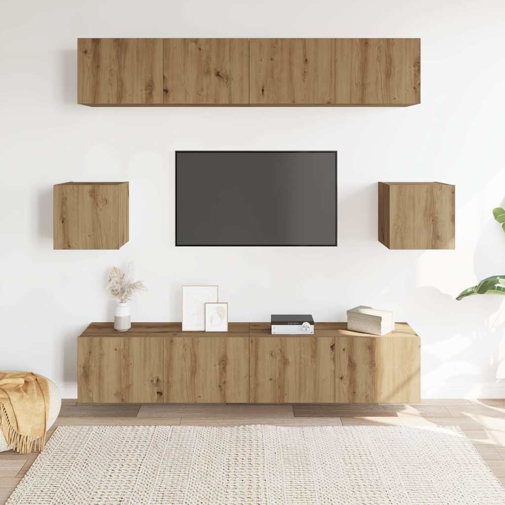 6-delig Tv-meubelset wandmontage bewerkt hout artisanaal eiken is nu te koop bij PeponiXL, paradijselijk wonen!