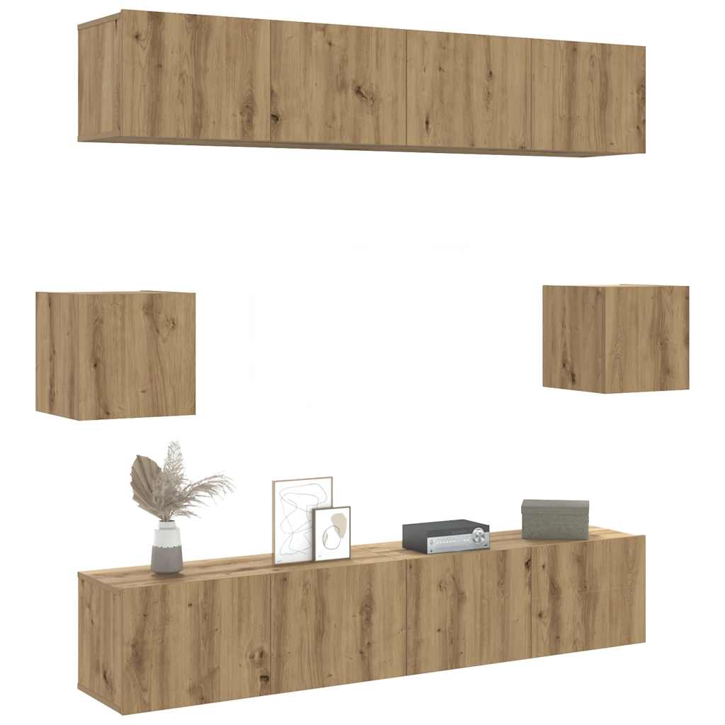 6-delig Tv-meubelset wandmontage bewerkt hout artisanaal eiken is nu te koop bij PeponiXL, paradijselijk wonen!