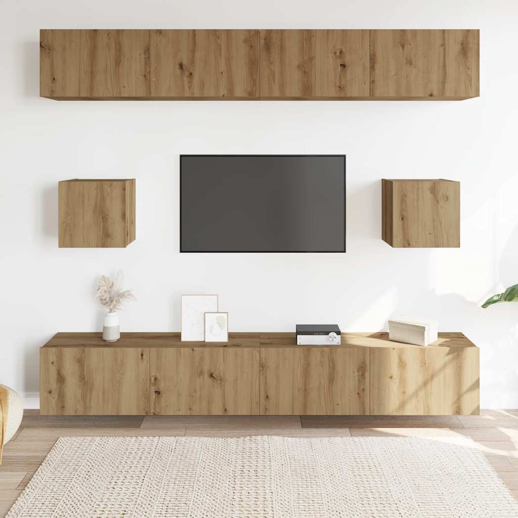 6-delig Tv-meubelset wandmontage bewerkt hout artisanaal eiken is nu te koop bij PeponiXL, paradijselijk wonen!