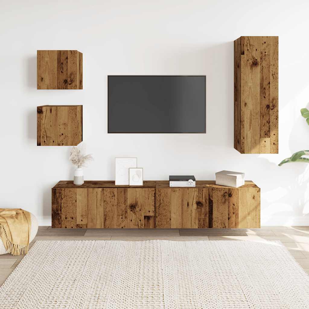 5-delig Tv-meubelset wandmontage bewerkt hout oud houtkleurig is nu te koop bij PeponiXL, paradijselijk wonen!