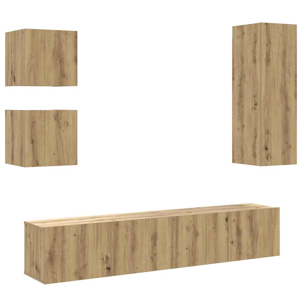 5-delig Tv-meubelset wandmontage bewerkt hout artisanaal eiken is nu te koop bij PeponiXL, paradijselijk wonen!