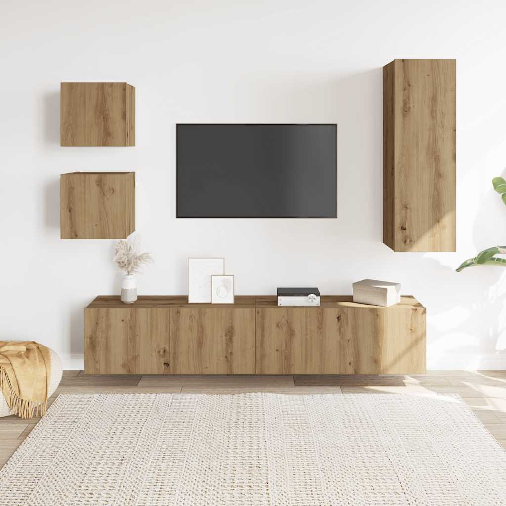5-delig Tv-meubelset wandmontage bewerkt hout artisanaal eiken is nu te koop bij PeponiXL, paradijselijk wonen!