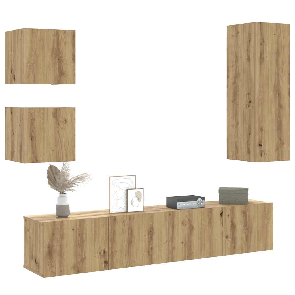 5-delig Tv-meubelset wandmontage bewerkt hout artisanaal eiken is nu te koop bij PeponiXL, paradijselijk wonen!