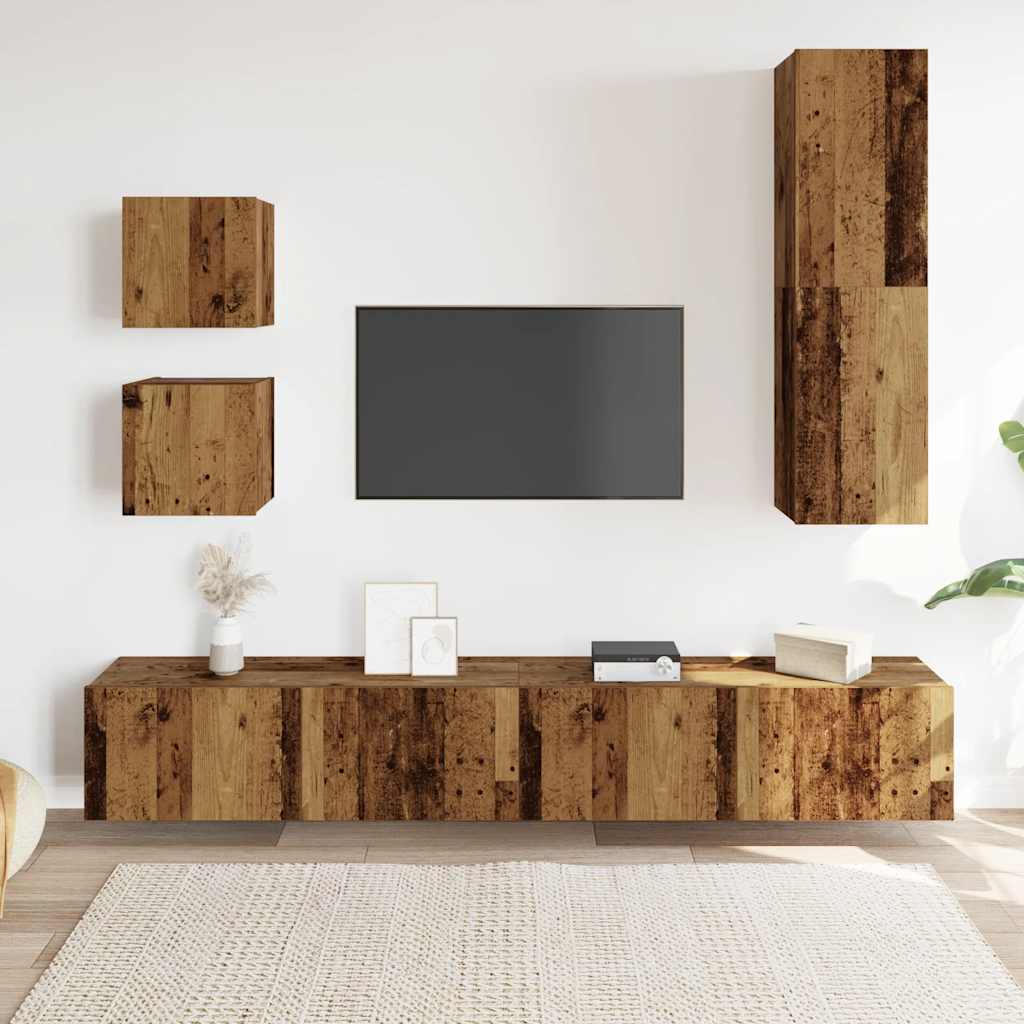 5-delig Tv-meubelset wandmontage bewerkt hout oud houtkleurig is nu te koop bij PeponiXL, paradijselijk wonen!
