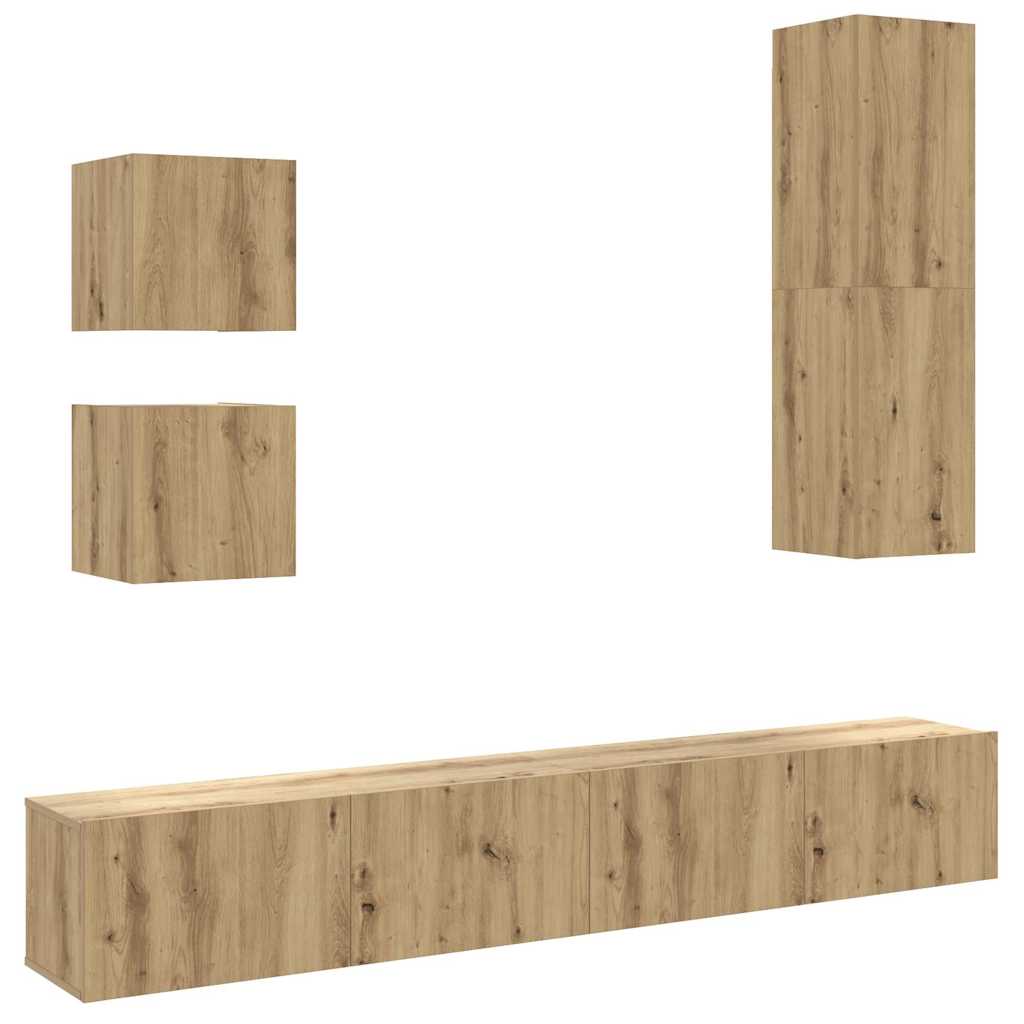 5-delig Tv-meubelset wandmontage bewerkt hout artisanaal eiken is nu te koop bij PeponiXL, paradijselijk wonen!