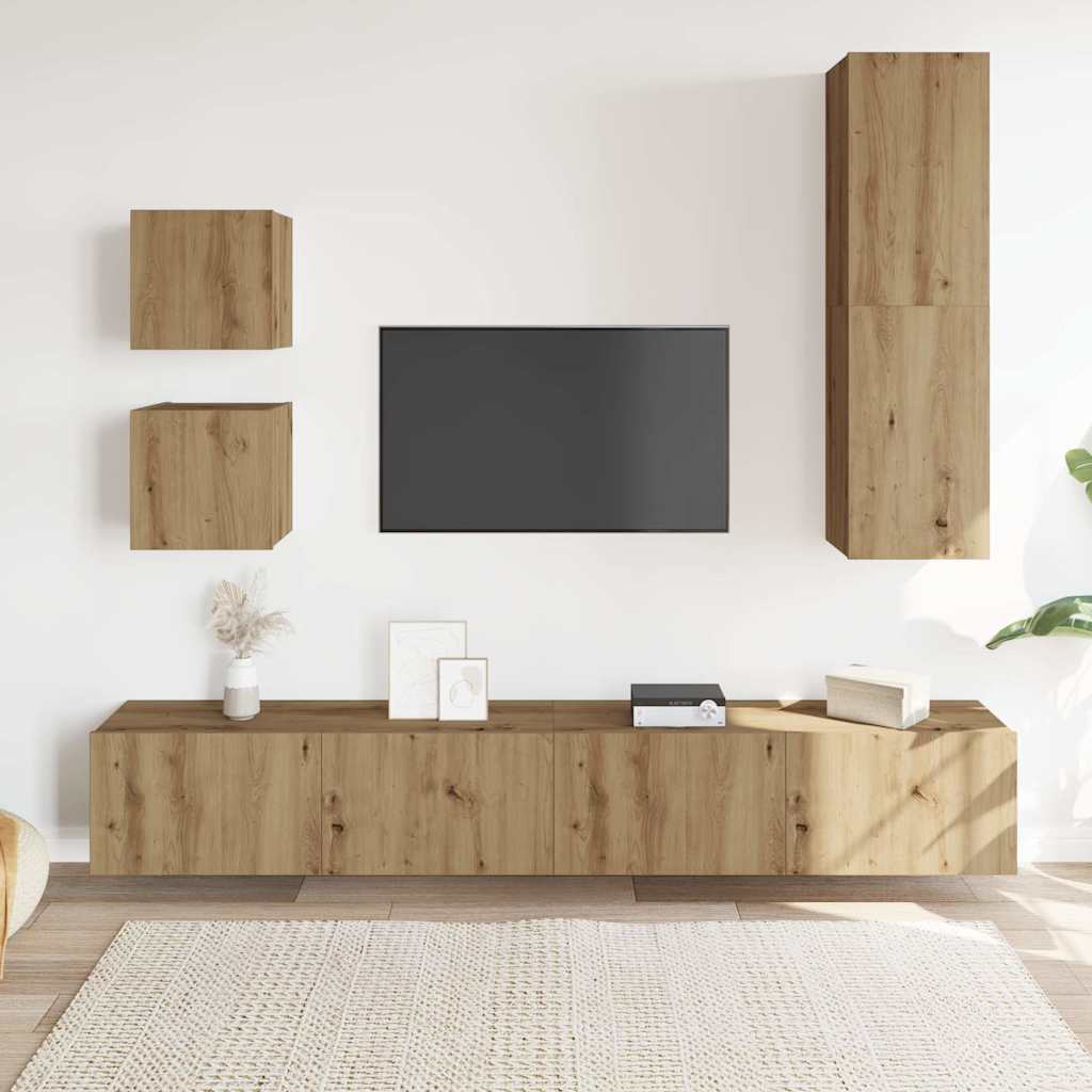 5-delig Tv-meubelset wandmontage bewerkt hout artisanaal eiken is nu te koop bij PeponiXL, paradijselijk wonen!