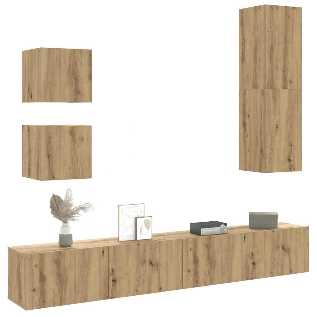 5-delig Tv-meubelset wandmontage bewerkt hout artisanaal eiken is nu te koop bij PeponiXL, paradijselijk wonen!