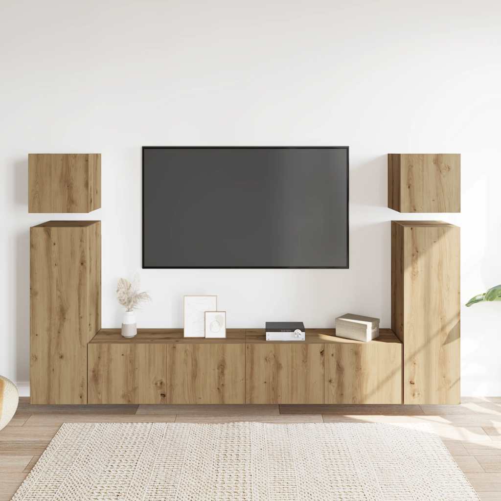 8-delig Tv-meubelset wandmontage bewerkt hout artisanaal eiken is nu te koop bij PeponiXL, paradijselijk wonen!