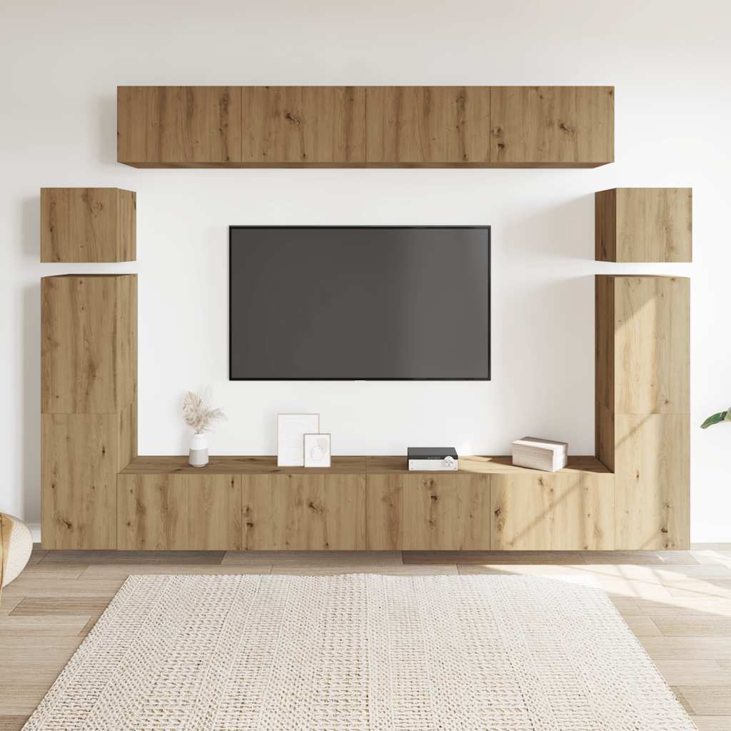 8-delig Tv-meubelset wandmontage bewerkt hout artisanaal eiken is nu te koop bij PeponiXL, paradijselijk wonen!
