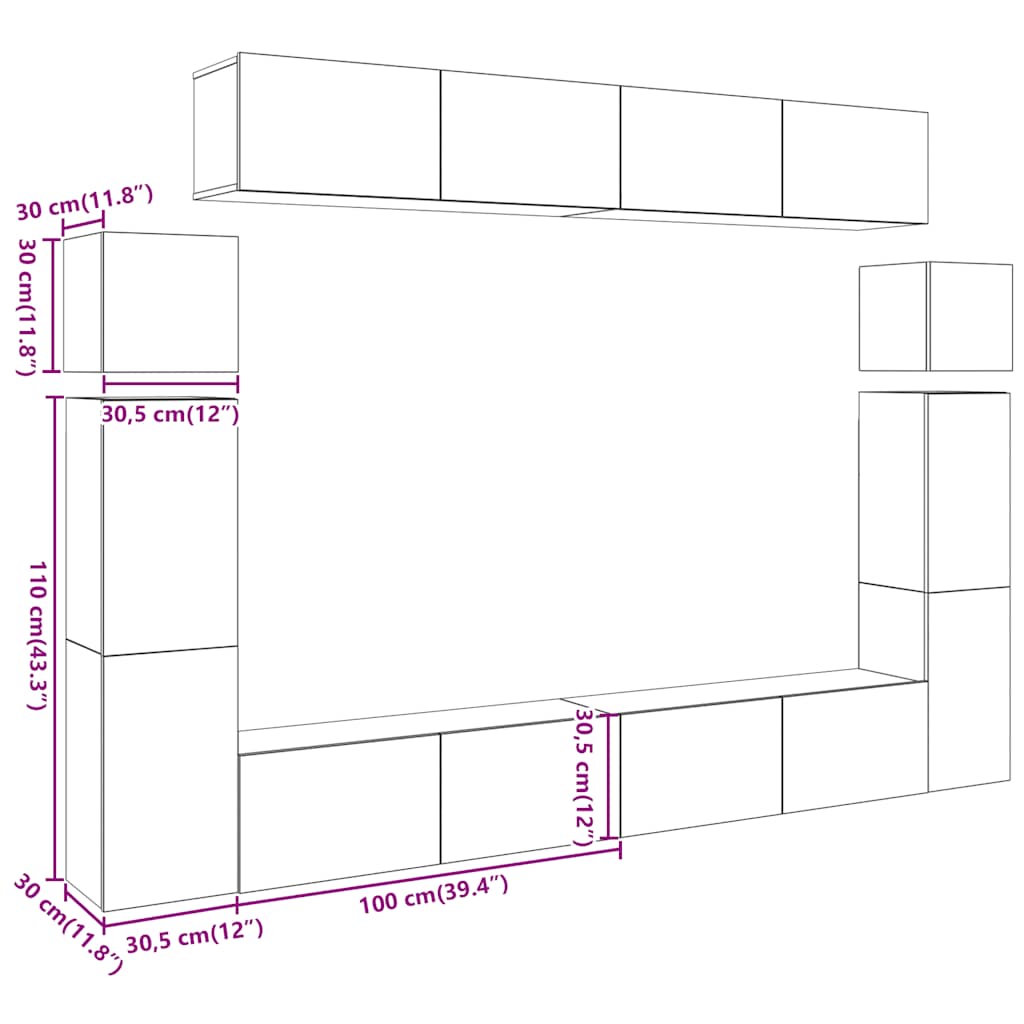 8-delig Tv-meubelset wandmontage bewerkt hout artisanaal eiken is nu te koop bij PeponiXL, paradijselijk wonen!