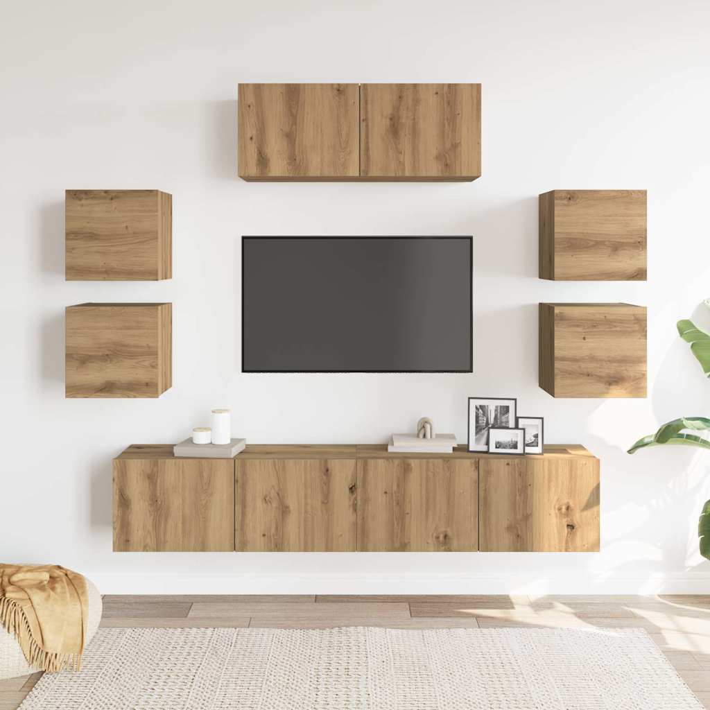 7-delig Tv-meubelset wandmontage bewerkt hout artisanaal eiken is nu te koop bij PeponiXL, paradijselijk wonen!