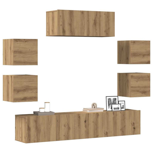 7-delig Tv-meubelset wandmontage bewerkt hout artisanaal eiken is nu te koop bij PeponiXL, paradijselijk wonen!