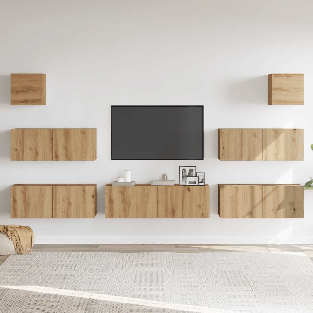 7-delig Tv-meubelset wandmontage bewerkt hout artisanaal eiken is nu te koop bij PeponiXL, paradijselijk wonen!