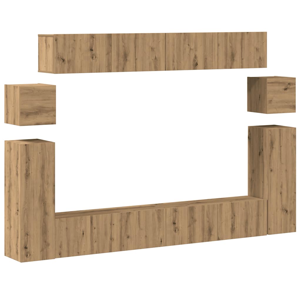 8-delig Tv-meubelset wandmontage bewerkt hout artisanaal eiken is nu te koop bij PeponiXL, paradijselijk wonen!