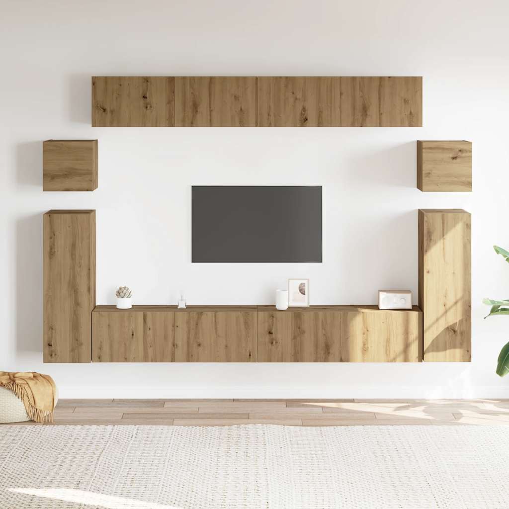 8-delig Tv-meubelset wandmontage bewerkt hout artisanaal eiken is nu te koop bij PeponiXL, paradijselijk wonen!