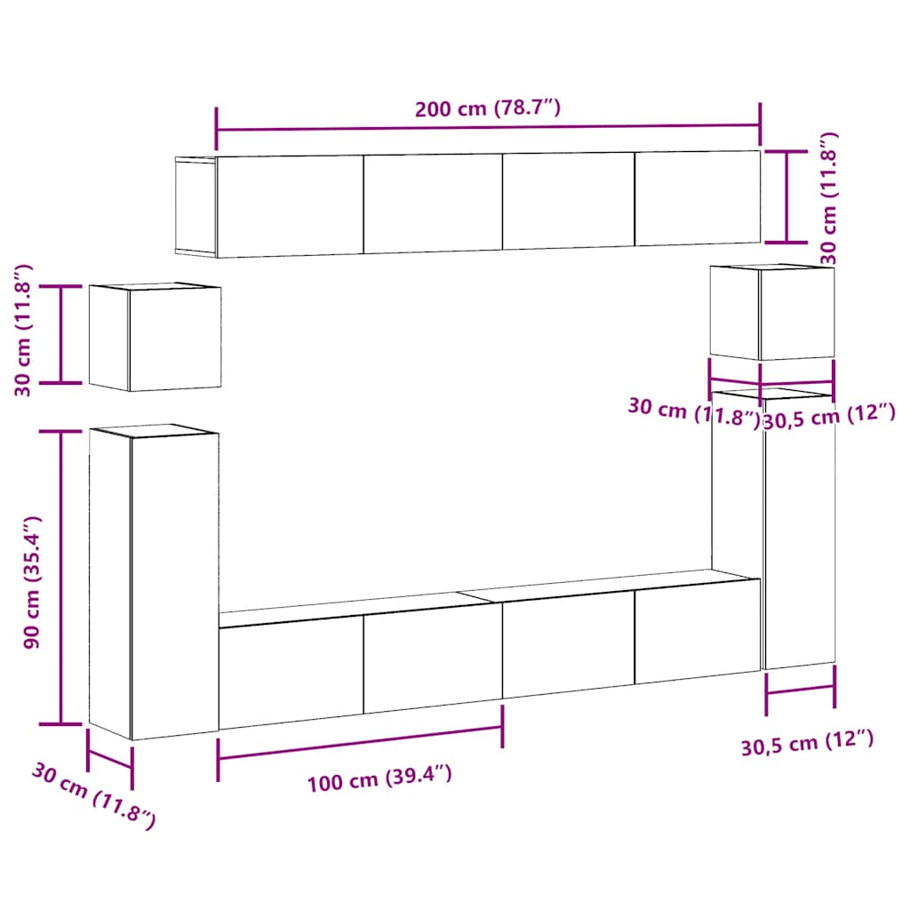8-delig Tv-meubelset wandmontage bewerkt hout artisanaal eiken is nu te koop bij PeponiXL, paradijselijk wonen!