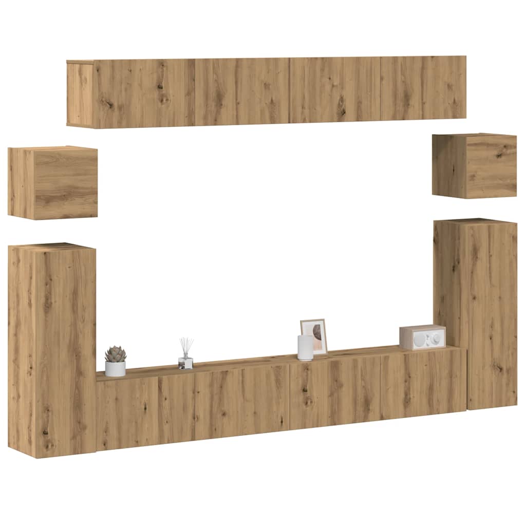 8-delig Tv-meubelset wandmontage bewerkt hout artisanaal eiken is nu te koop bij PeponiXL, paradijselijk wonen!