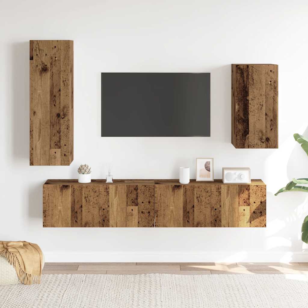 4-delig Tv-meubelset wandmontage bewerkt hout oud houtkleurig is nu te koop bij PeponiXL, paradijselijk wonen!