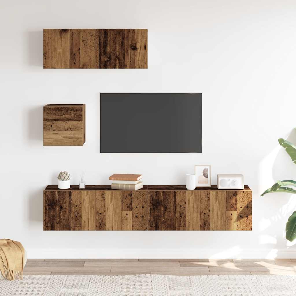 4-delig Tv-meubelset wandmontage bewerkt hout oud houtkleurig is nu te koop bij PeponiXL, paradijselijk wonen!