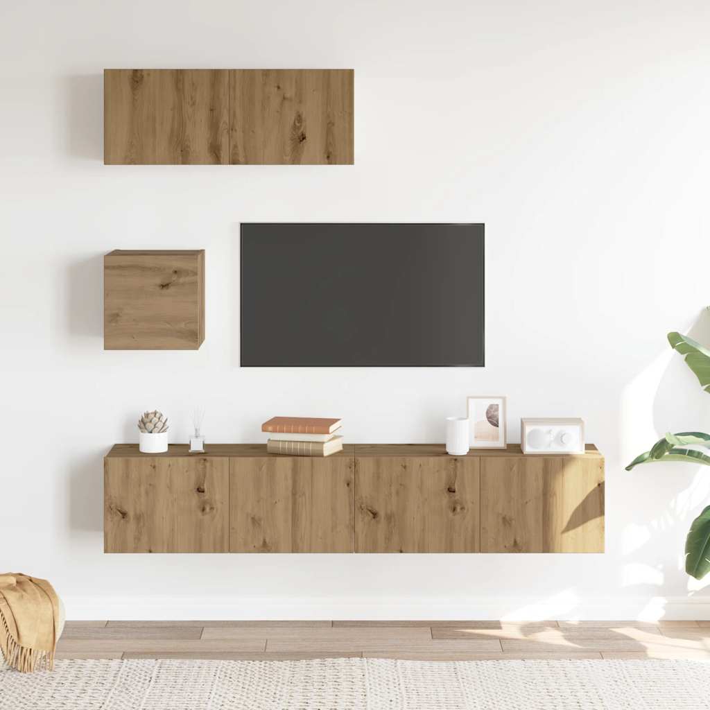 4-delig Tv-meubelset wandmontage bewerkt hout artisanaal eiken is nu te koop bij PeponiXL, paradijselijk wonen!