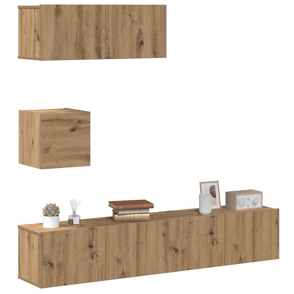 4-delig Tv-meubelset wandmontage bewerkt hout artisanaal eiken is nu te koop bij PeponiXL, paradijselijk wonen!