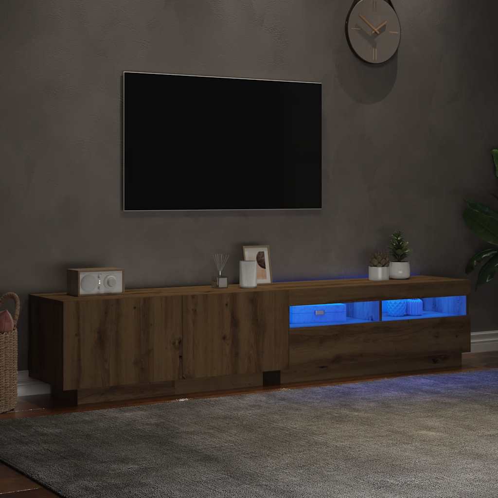 Tv-meubel met LED 200x35x40 cm bewerkt hout artisanaal eiken is nu te koop bij PeponiXL, paradijselijk wonen!