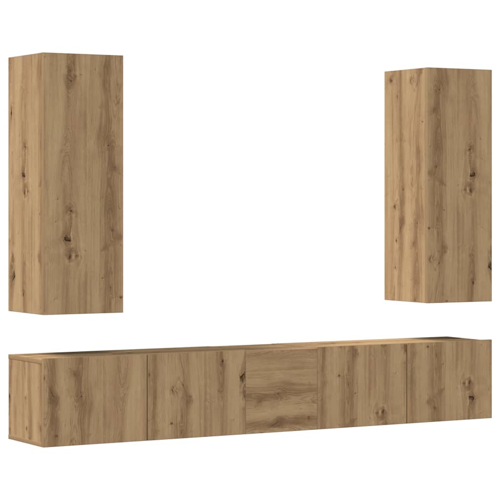5-delig Tv-meubelset wandmontage bewerkt hout artisanaal eiken is nu te koop bij PeponiXL, paradijselijk wonen!