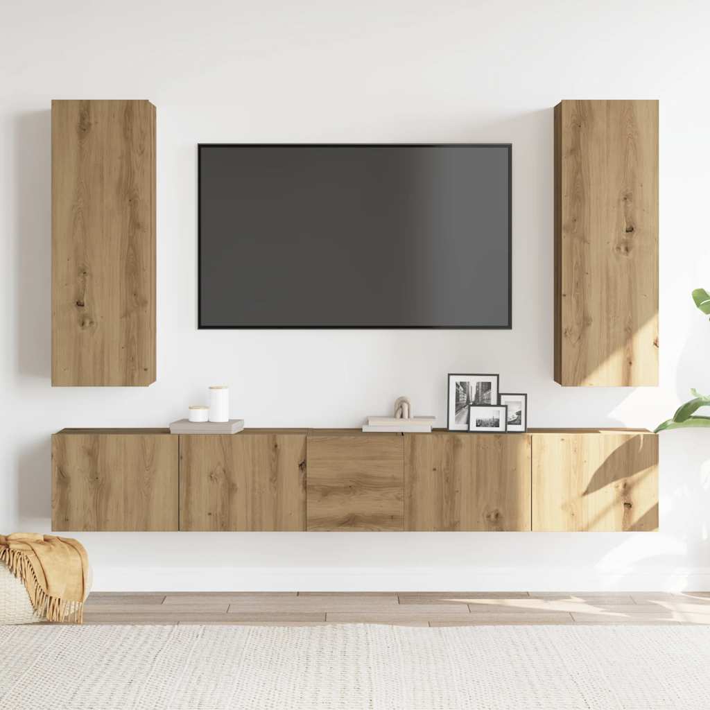 5-delig Tv-meubelset wandmontage bewerkt hout artisanaal eiken is nu te koop bij PeponiXL, paradijselijk wonen!
