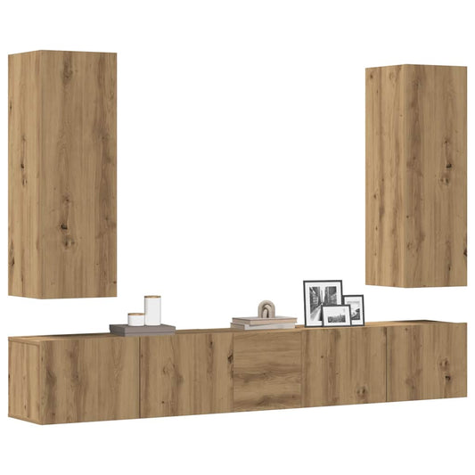 5-delig Tv-meubelset wandmontage bewerkt hout artisanaal eiken is nu te koop bij PeponiXL, paradijselijk wonen!