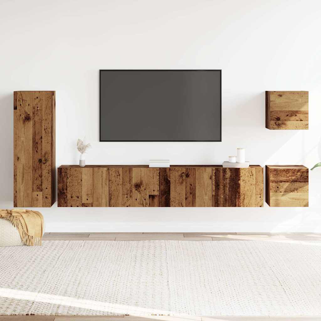 5-delig Tv-meubelset wandmontage bewerkt hout oud houtkleurig is nu te koop bij PeponiXL, paradijselijk wonen!